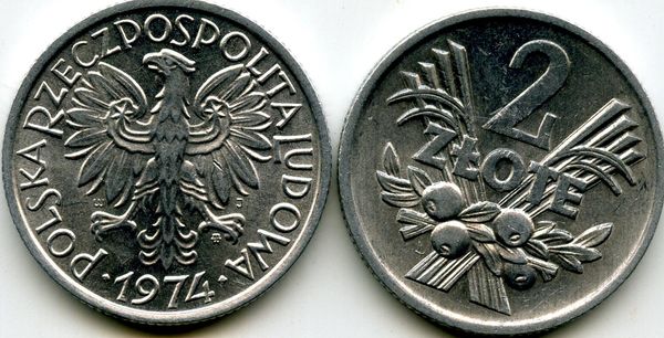 Монета 2 злотых 1974г Польша