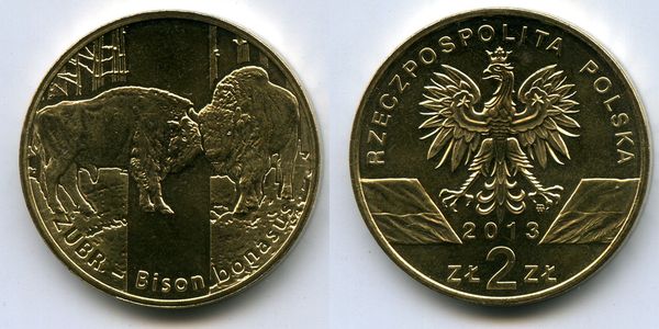 Монета 2 злотых 2013г бизон Польша