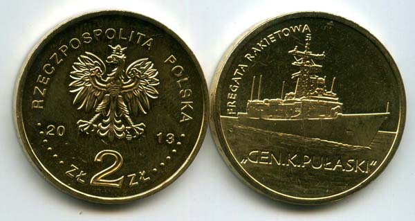 Монета 2 злотых фрегат Пуласки 2013г Польша