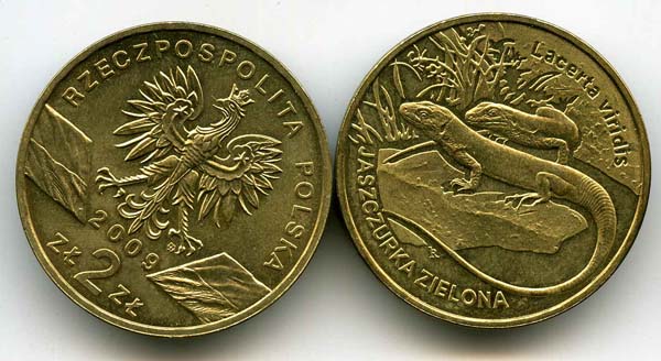 Монета 2 злотых 2009г ящерица Польша