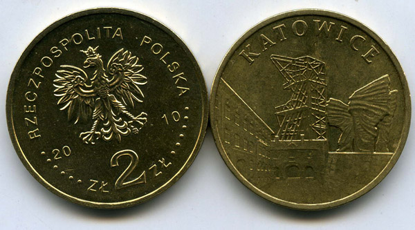 Монета 2 злотых 2010г Катовице Польша