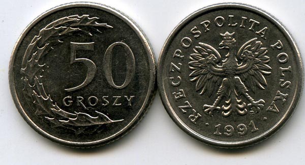 Монета 50 грош 1991г Польша