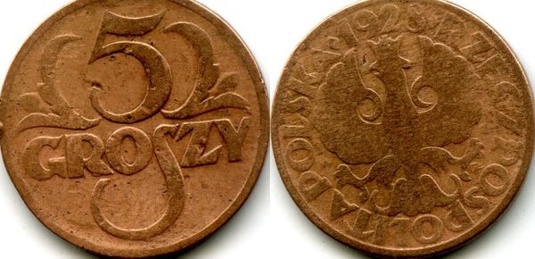 Монета 5 грош 1928г Польша