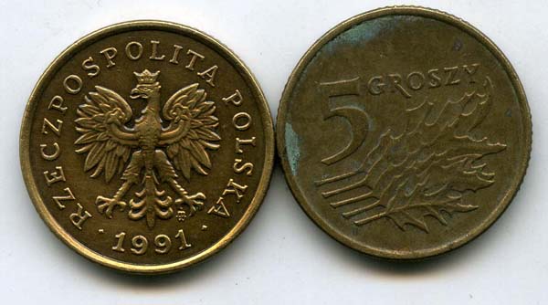 Монета 5 грош 1991г Польша
