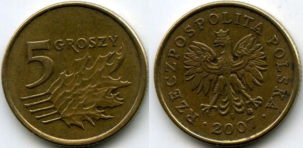 Монета 5 грош 2007г Польша