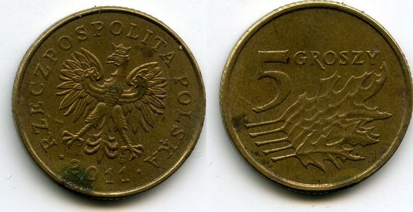Монета 5 грош 2011г Польша