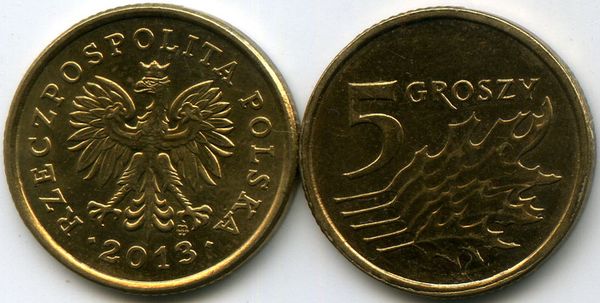 Монета 5 грош 2013г Польша
