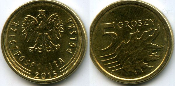 Монета 5 грош 2015г Польша