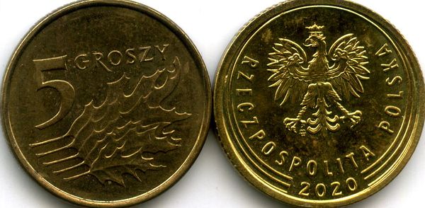 Монета 5 грош 2020г Польша