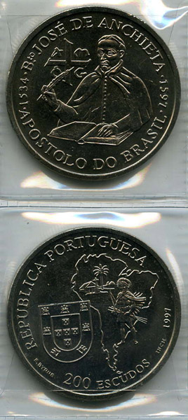 Монета 200 эскудо 1997г Бразилия Португалия