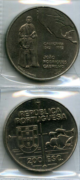 Монета 200 эскудо 1992г Калифорния Португалия