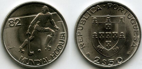 Монета 2,5 эскудо 1982г хоккей Португалия