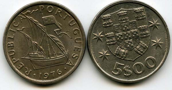 Монета 5 эскудо 1976г Португалия
