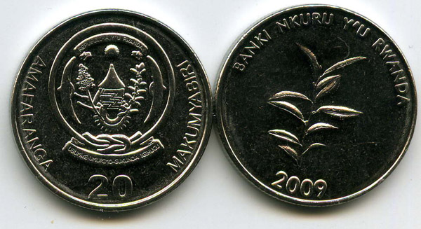 Монета 20 франков 2009г Руанда