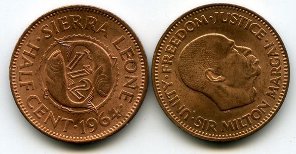 Монета 0,5 цента 1964г Сьерра-Леоне