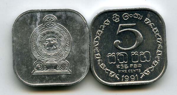 Монета 5 центов 1991г Шри-Ланка