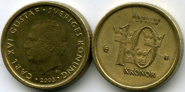 Монета 10 крон 2003г Швеция