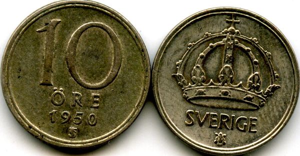 Монета 10 эрэ 1950г Швеция