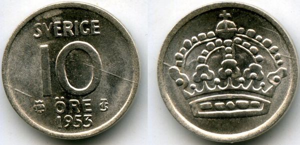Монета 10 эрэ 1953г Швеция