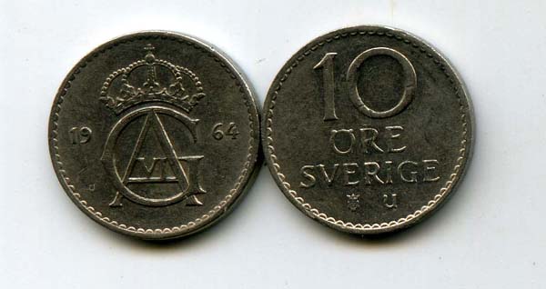 Монета 10 эрэ 1964г Швеция