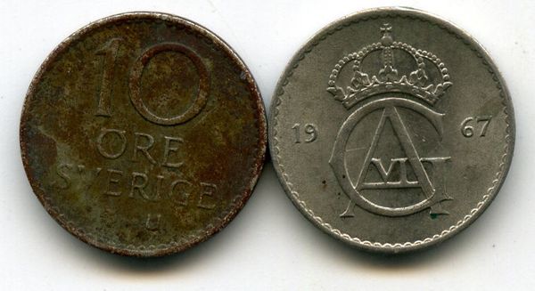 Монета 10 эрэ 1967г Швеция