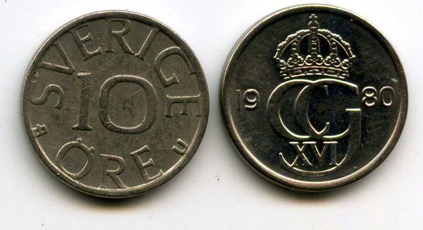 Монета 10 эрэ 1980г Швеция