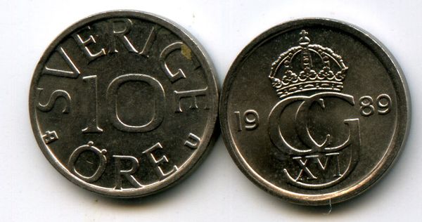 Монета 10 эрэ 1989г Швеция