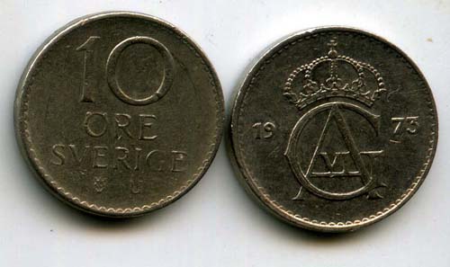 Монета 10 эрэ 1973г Швеция