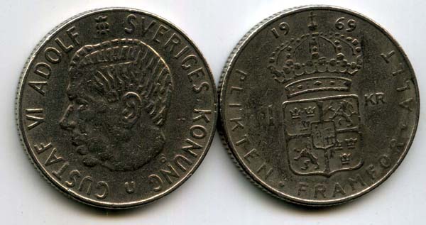 Монета 1 крона 1969г Швеция