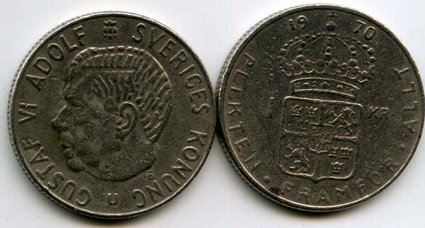 Монета 1 крона 1970г Швеция