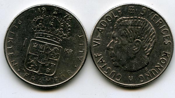 Монета 1 крона 1972г Швеция