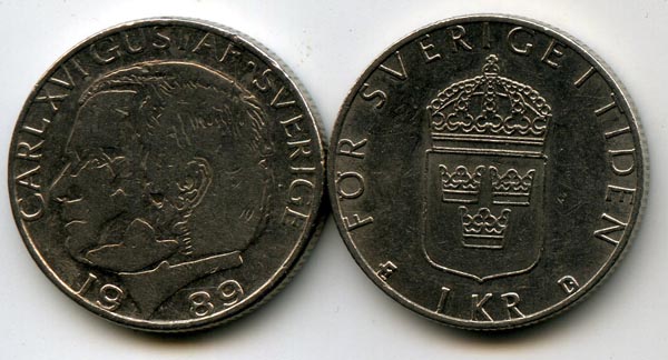 Монета 1 крона 1989г Швеция