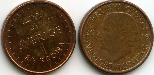 Монета 1 крона 2016г сост Швеция