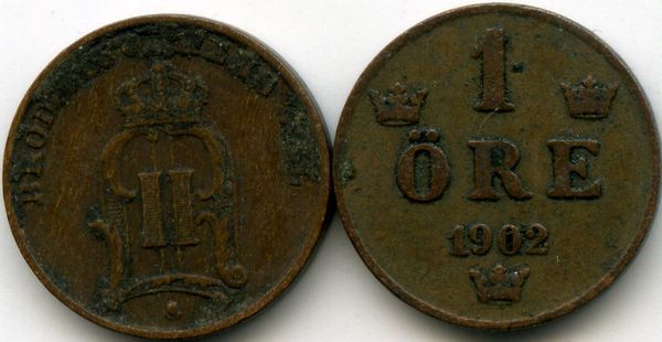 Монета 1 эрэ 1902г Швеция