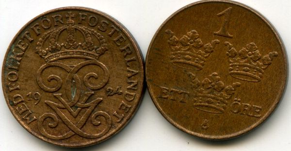 Монета 1 эрэ 1924г Швеция