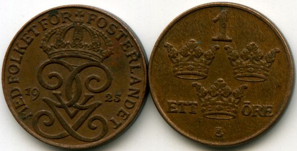 Монета 1 эрэ 1925г Швеция