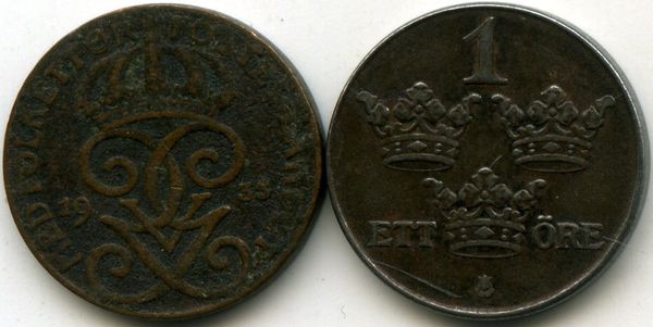 Монета 1 эрэ 1935г Швеция