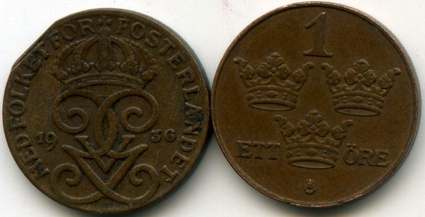 Монета 1 эрэ 1936г Швеция