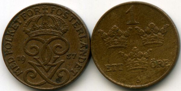 Монета 1 эрэ 1937г Швеция