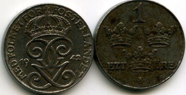 Монета 1 эрэ 1942г Швеция