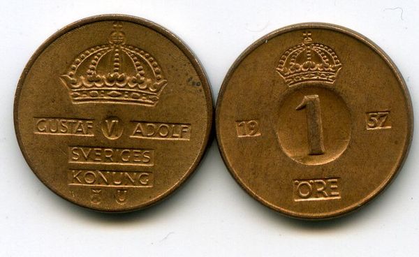 Монета 1 эрэ 1957г Швеция