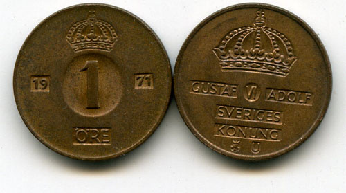 Монета 1 эрэ 1971г Швеция