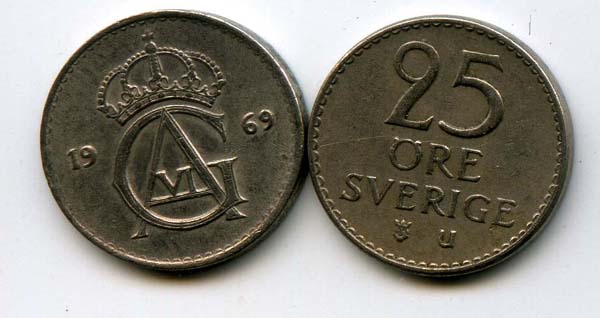Монета 25 эрэ 1969г Швеция