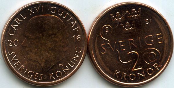 Монета 2 кроны 2016г Швеция