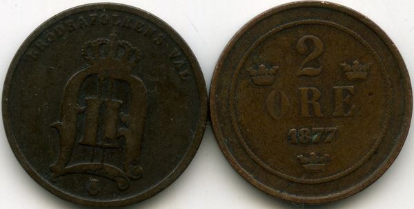 Монета 2 эрэ 1877г крупный Швеция