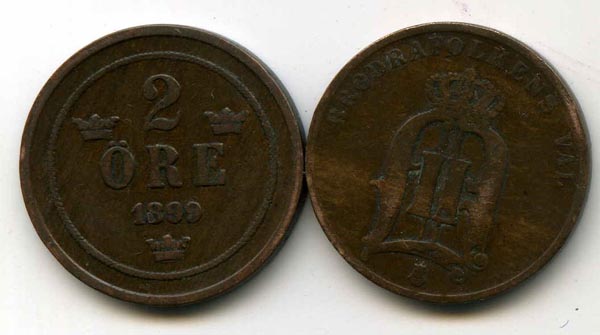 Монета 2 эрэ 1899г Швеция
