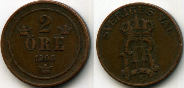 Монета 2 эрэ 1906г Швеция