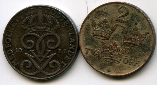 Монета 2 эрэ 1944г Швеция