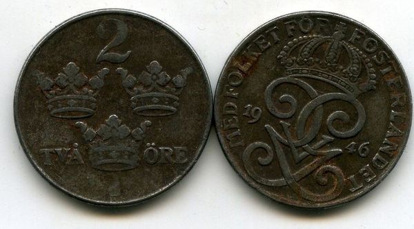 Монета 2 эрэ 1946г Швеция