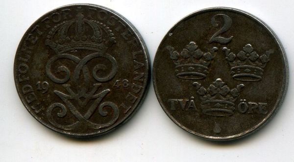 Монета 2 эрэ 1948г Швеция